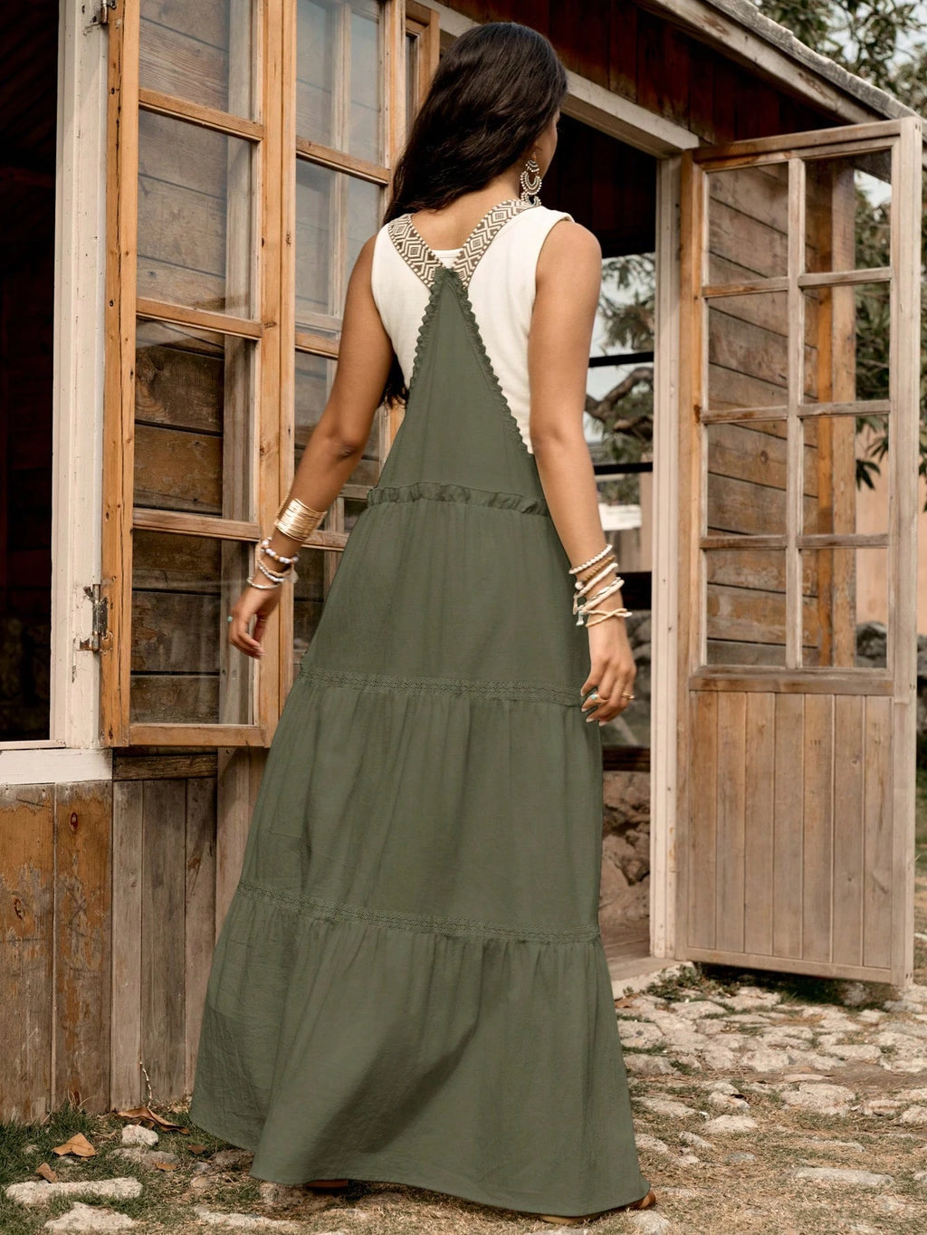 100% Cotton Lace Patchwork Dress – Women’s Adjustable Strap Summer Casual Midi Dress