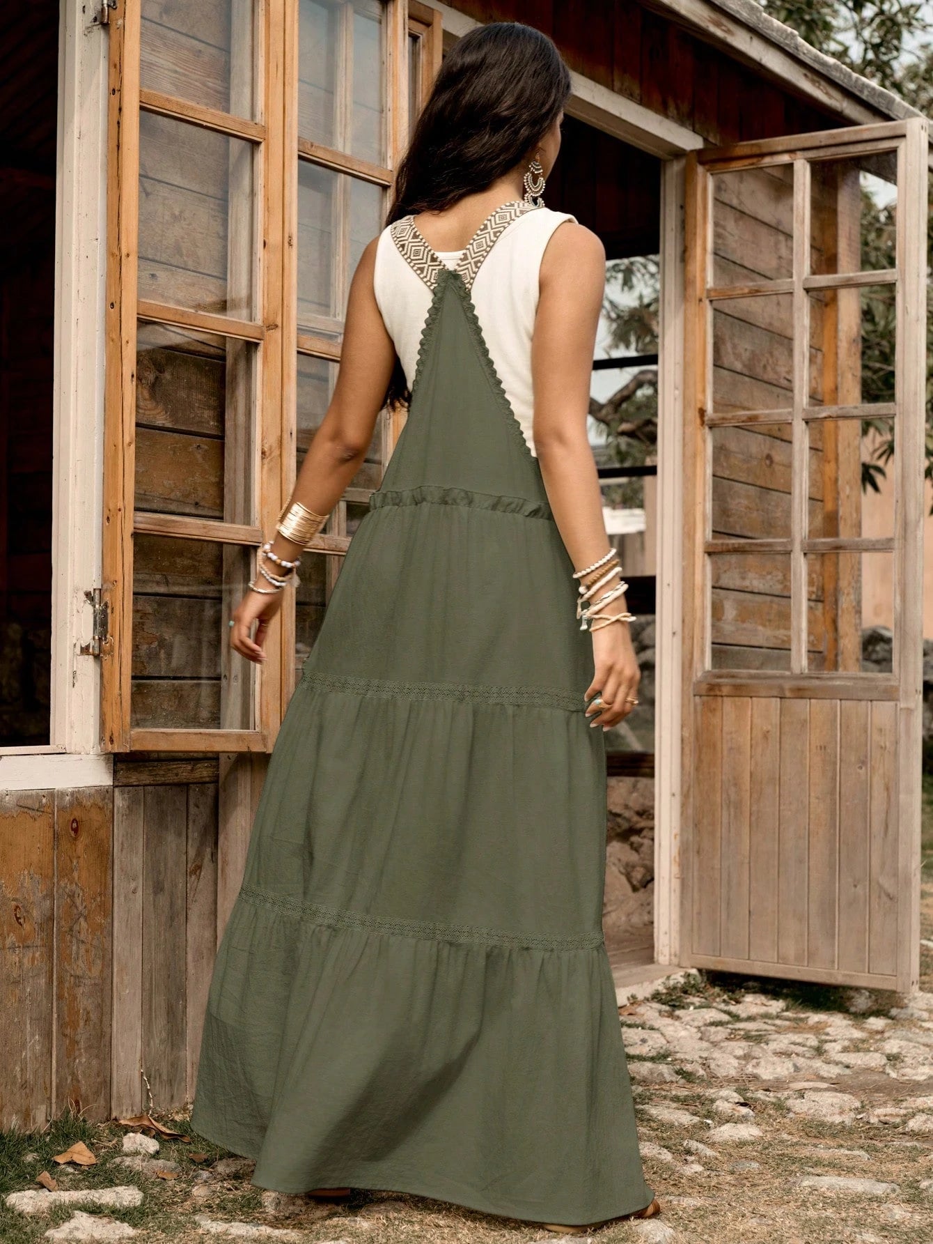 100% Cotton Lace Patchwork Dress – Women’s Adjustable Strap Summer Casual Midi Dress