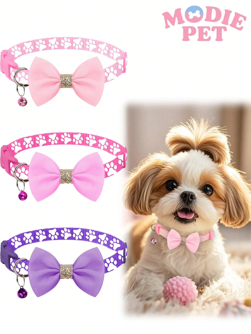 1/3PCS Fashionable Sequin Bow Pet Collar with Bell, Adjustable Paw Print Cat & Dog Collar, Cute Decorative Pet Neck Accessory for Kittens, Cats, Puppies & Small Dogs