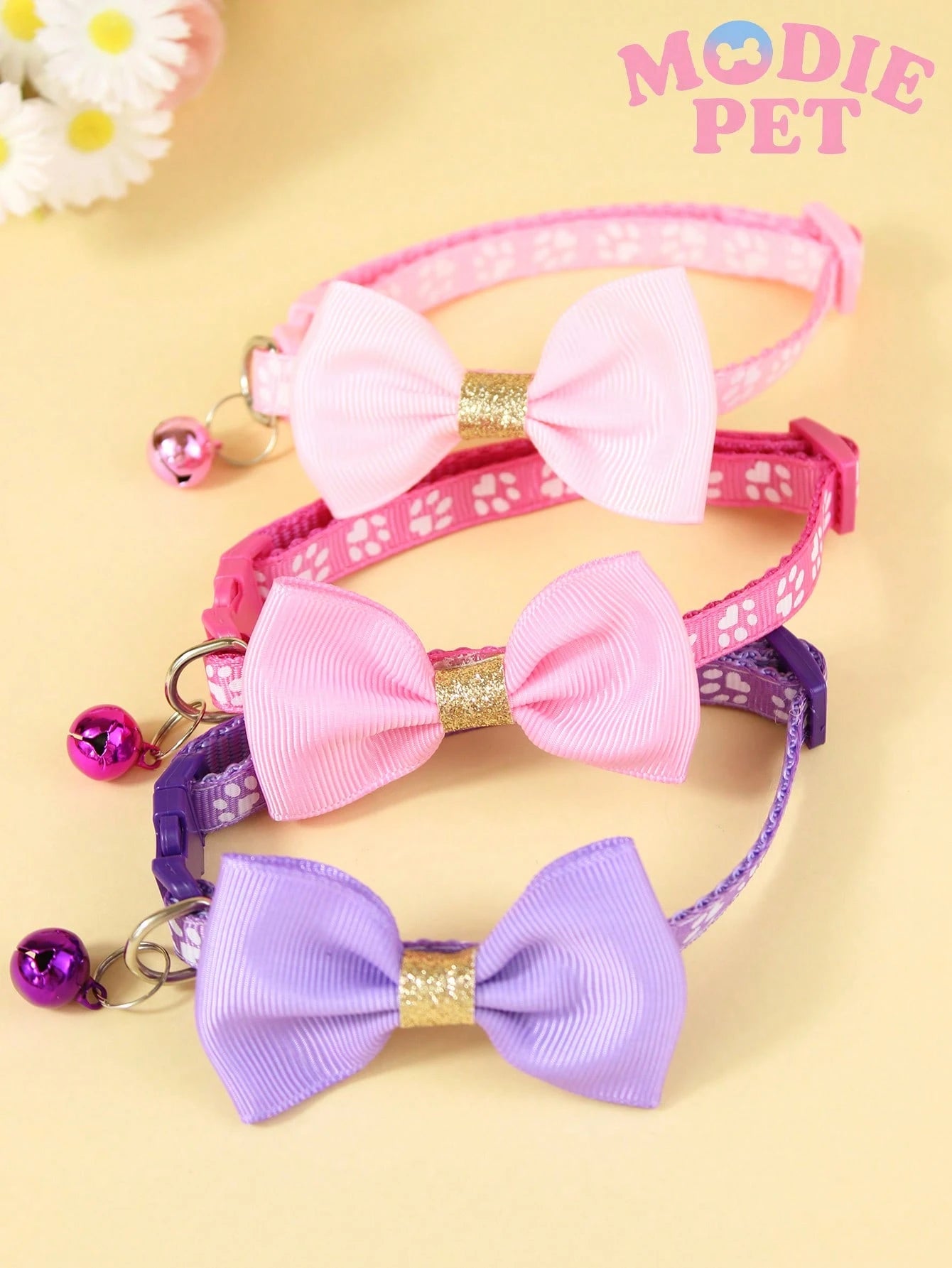 1/3PCS Fashionable Sequin Bow Pet Collar with Bell, Adjustable Paw Print Cat & Dog Collar, Cute Decorative Pet Neck Accessory for Kittens, Cats, Puppies & Small Dogs