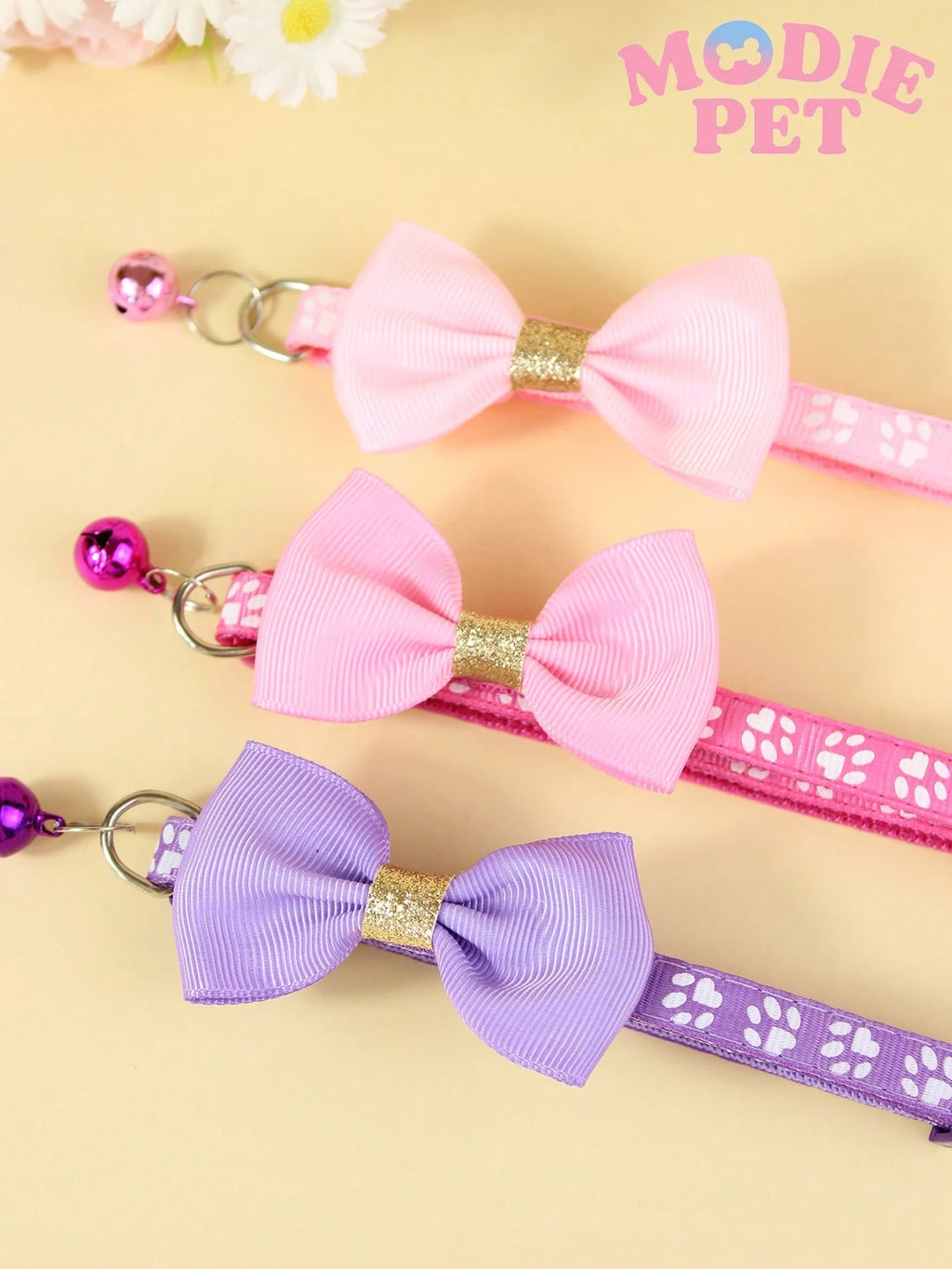 1/3PCS Fashionable Sequin Bow Pet Collar with Bell, Adjustable Paw Print Cat & Dog Collar, Cute Decorative Pet Neck Accessory for Kittens, Cats, Puppies & Small Dogs