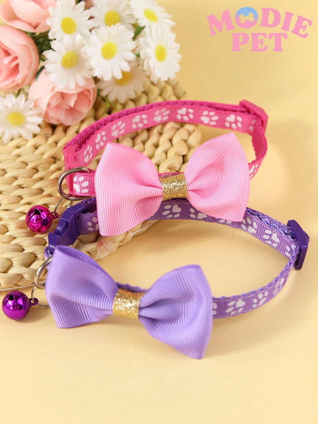 1/3PCS Fashionable Sequin Bow Pet Collar with Bell, Adjustable Paw Print Cat & Dog Collar, Cute Decorative Pet Neck Accessory for Kittens, Cats, Puppies & Small Dogs