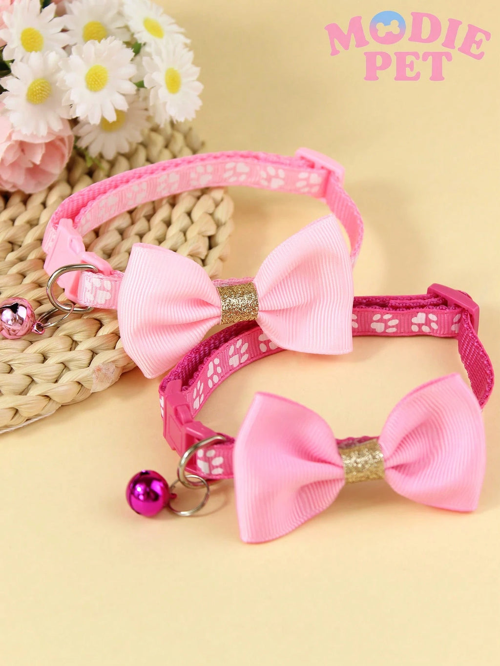 1/3PCS Fashionable Sequin Bow Pet Collar with Bell, Adjustable Paw Print Cat & Dog Collar, Cute Decorative Pet Neck Accessory for Kittens, Cats, Puppies & Small Dogs