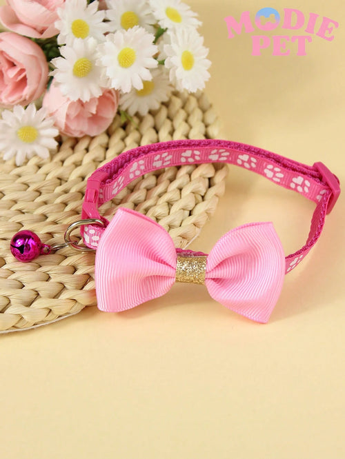 1/3PCS Fashionable Sequin Bow Pet Collar with Bell, Adjustable Paw Print Cat & Dog Collar, Cute Decorative Pet Neck Accessory for Kittens, Cats, Puppies & Small Dogs