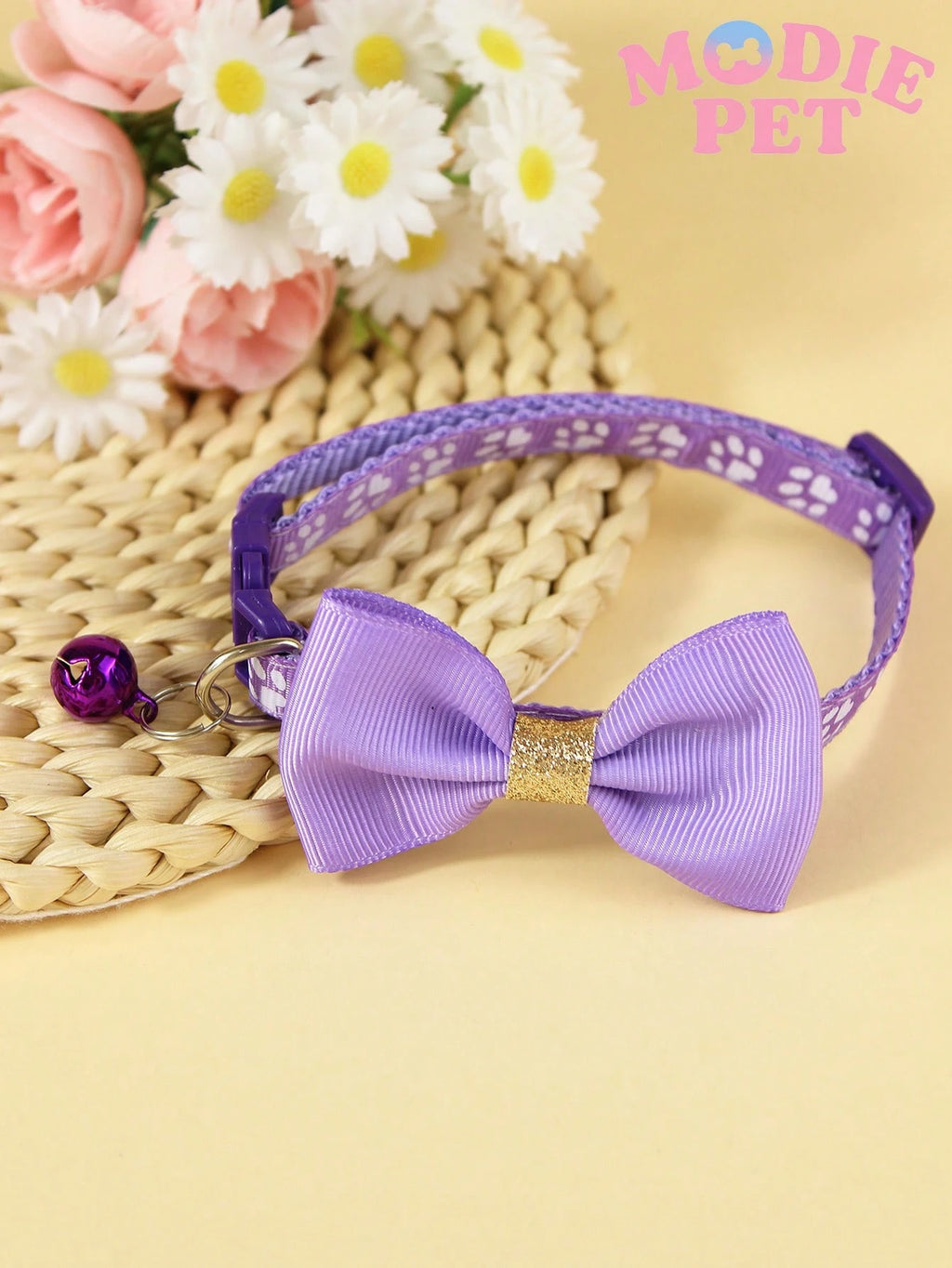 1/3PCS Fashionable Sequin Bow Pet Collar with Bell, Adjustable Paw Print Cat & Dog Collar, Cute Decorative Pet Neck Accessory for Kittens, Cats, Puppies & Small Dogs