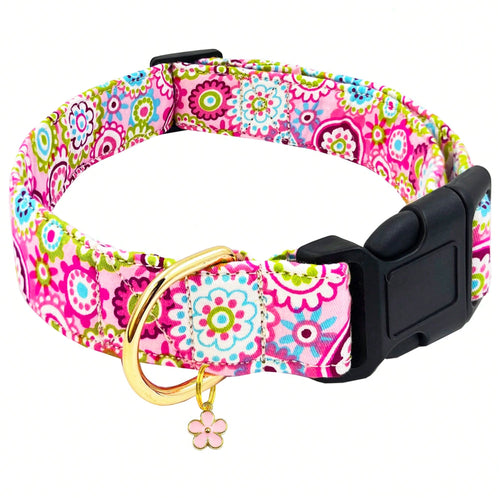 1PC Cute Flower Printed Adjustable Dog Collar with Decorative Pendant, Floral Pet Collar for Small, Medium & Large Dogs, Comfortable Adjustable Puppy Collar in Red, Pink, Purple & Blue