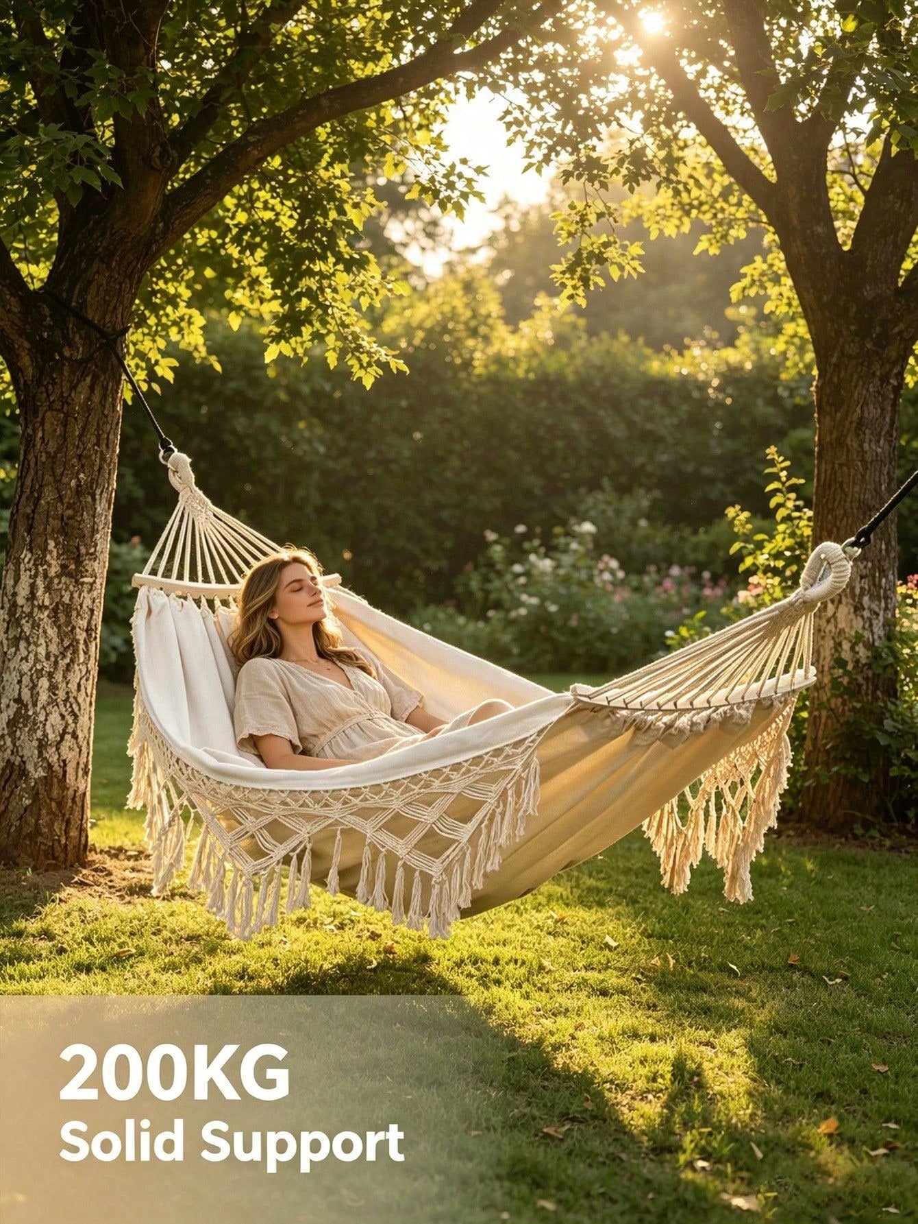 1PC Double Bohemian Tassel Style Hammock with Tassels, Heavy-Duty Weight-Bearing Design, Soft Comfortable Fabric, Ergonomic Support, Thickened Suspension Ropes & Storage Bag, Portable Garden, Beach, Camping & Glamping Hammock