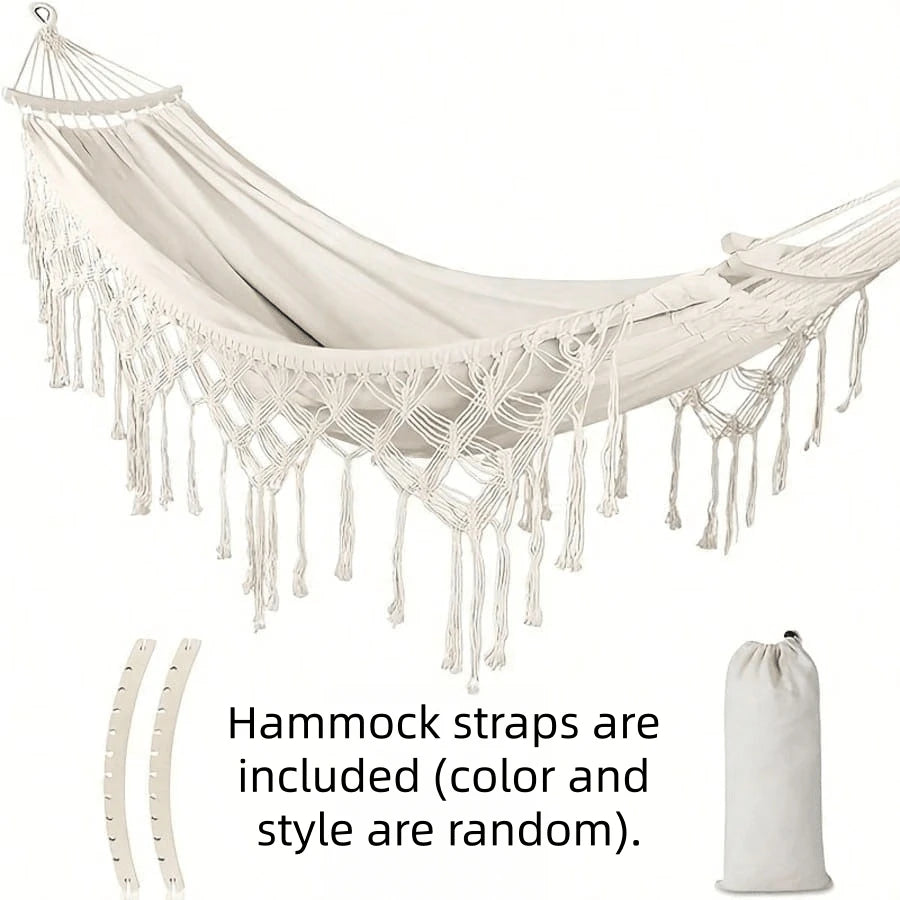1PC Double Bohemian Tassel Style Hammock with Tassels, Heavy-Duty Weight-Bearing Design, Soft Comfortable Fabric, Ergonomic Support, Thickened Suspension Ropes & Storage Bag, Portable Garden, Beach, Camping & Glamping Hammock