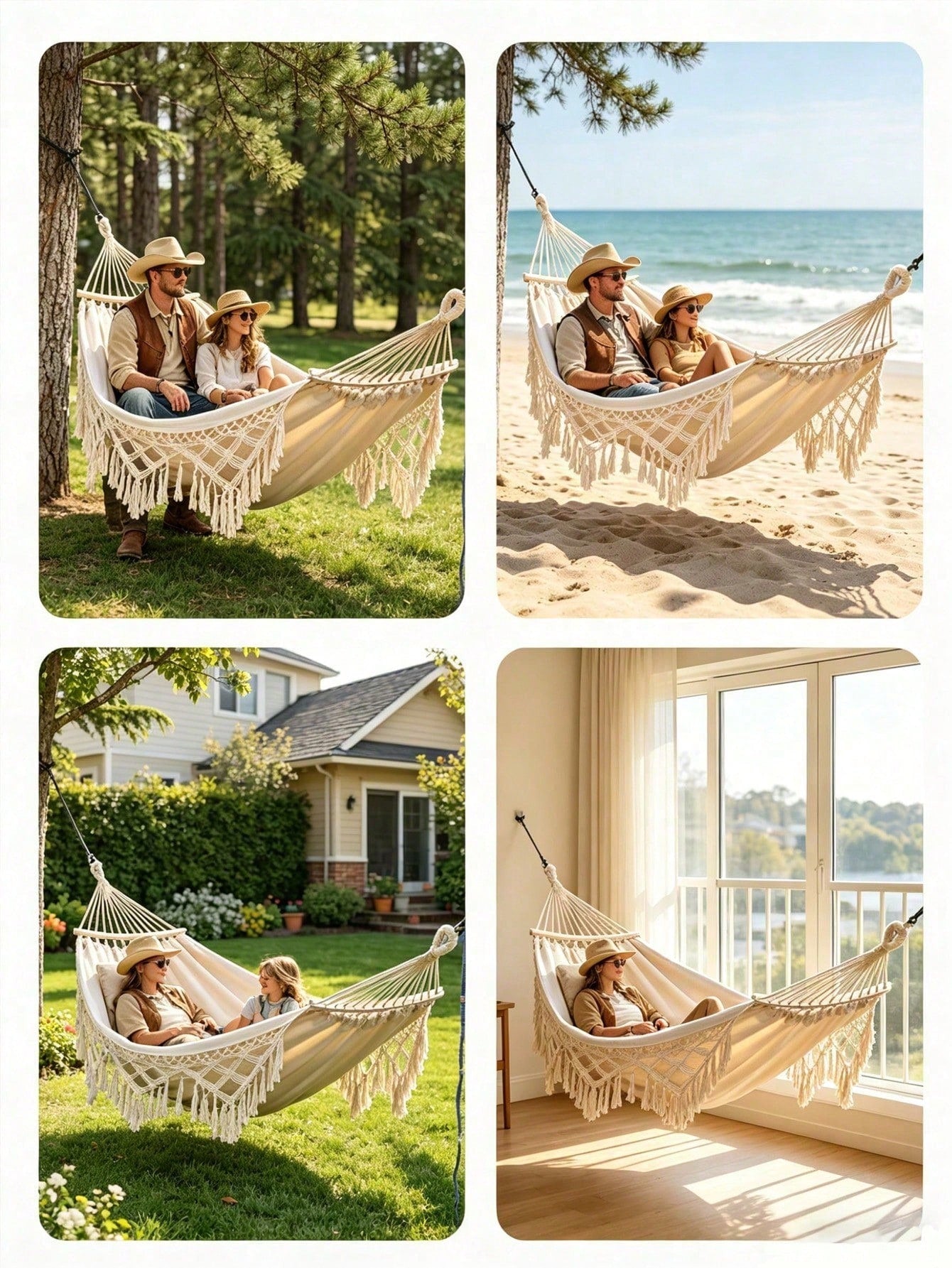 1PC Double Bohemian Tassel Style Hammock with Tassels, Heavy-Duty Weight-Bearing Design, Soft Comfortable Fabric, Ergonomic Support, Thickened Suspension Ropes & Storage Bag, Portable Garden, Beach, Camping & Glamping Hammock