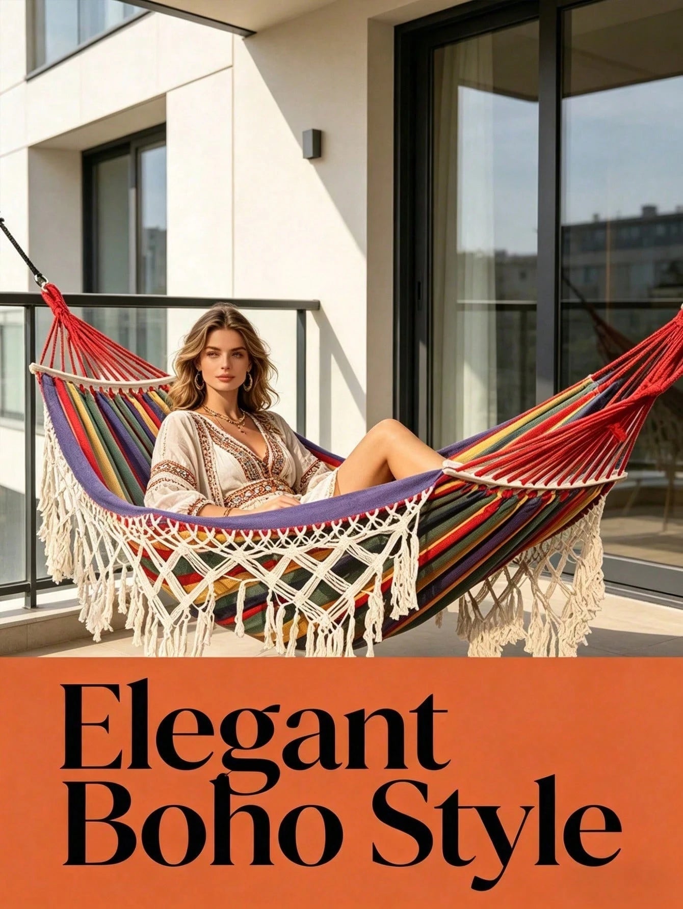 1PC Double Bohemian Tassel Style Hammock with Tassels, Heavy-Duty Weight-Bearing Design, Soft Comfortable Fabric, Ergonomic Support, Thickened Suspension Ropes & Storage Bag, Portable Garden, Beach, Camping & Glamping Hammock