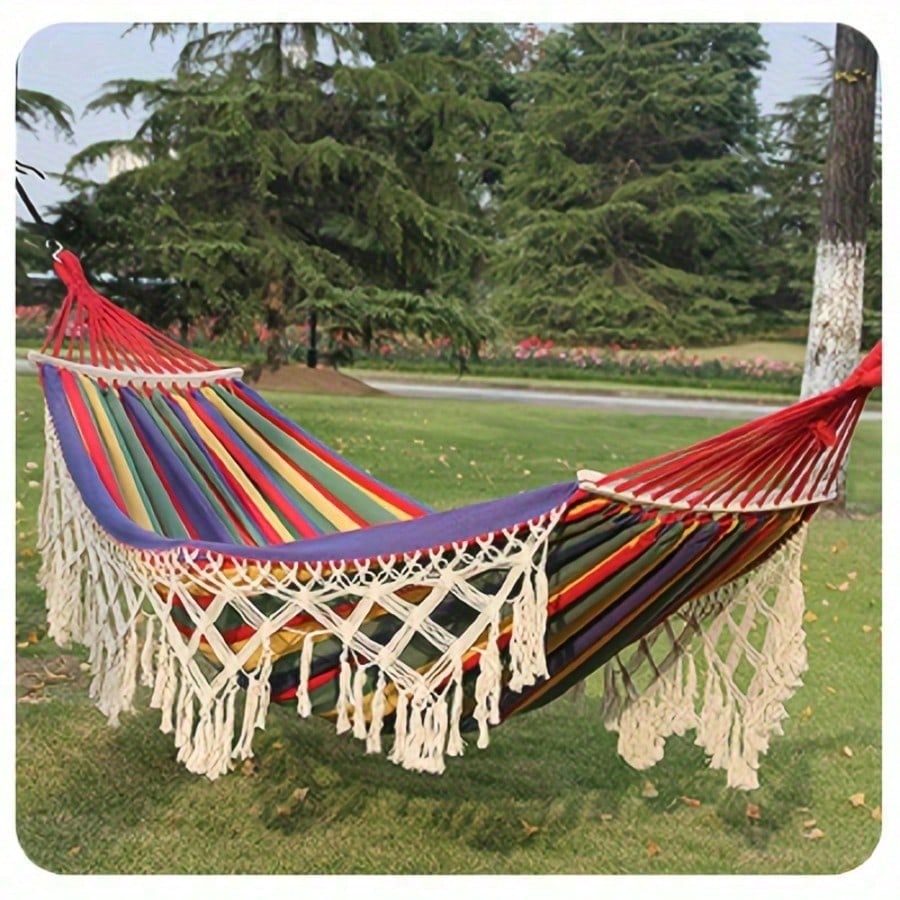 1PC Double Bohemian Tassel Style Hammock with Tassels, Heavy-Duty Weight-Bearing Design, Soft Comfortable Fabric, Ergonomic Support, Thickened Suspension Ropes & Storage Bag, Portable Garden, Beach, Camping & Glamping Hammock
