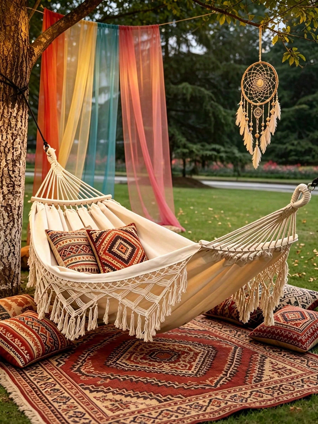 1PC Double Bohemian Tassel Style Hammock with Tassels, Heavy-Duty Weight-Bearing Design, Soft Comfortable Fabric, Ergonomic Support, Thickened Suspension Ropes & Storage Bag, Portable Garden, Beach, Camping & Glamping Hammock