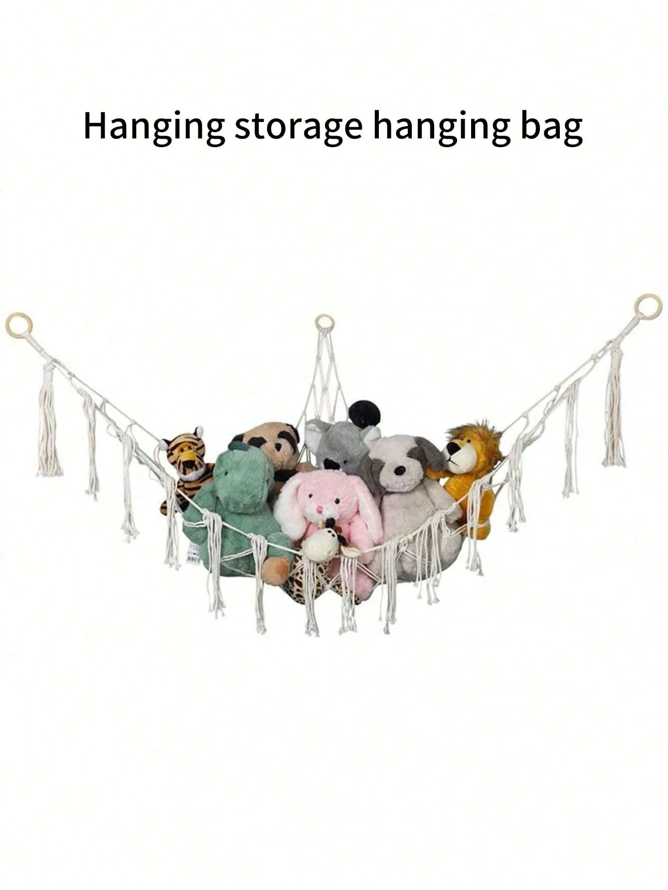 1PC Large Boho Stuffed Animal Storage Hammock, Corner Hanging Plush Toy Organizer Net, Decorative Mesh Toy Storage Holder with Tassel Design & Hanging Hooks, Space-Saving Bedroom Wall Decor for Kids, Nursery & Playroom