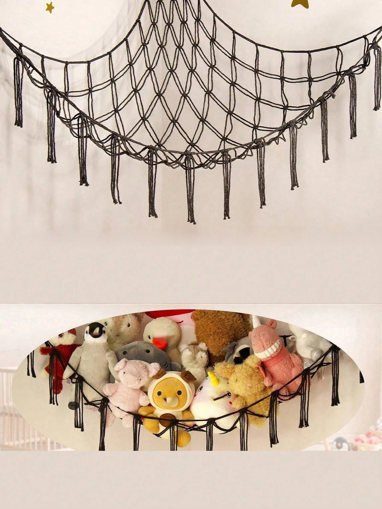 1PC Large Boho Stuffed Animal Storage Hammock, Corner Hanging Plush Toy Organizer Net, Decorative Mesh Toy Storage Holder with Tassel Design & Hanging Hooks, Space-Saving Bedroom Wall Decor for Kids, Nursery & Playroom