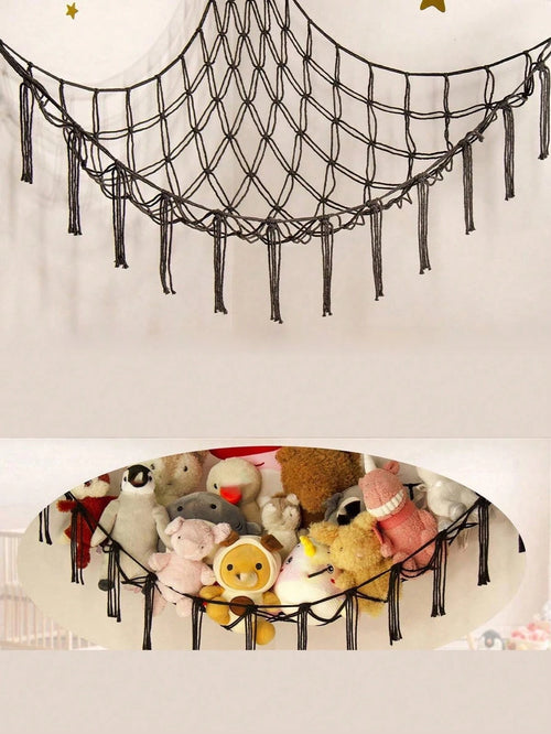 1PC Large Boho Stuffed Animal Storage Hammock, Corner Hanging Plush Toy Organizer Net, Decorative Mesh Toy Storage Holder with Tassel Design & Hanging Hooks, Space-Saving Bedroom Wall Decor for Kids, Nursery & Playroom