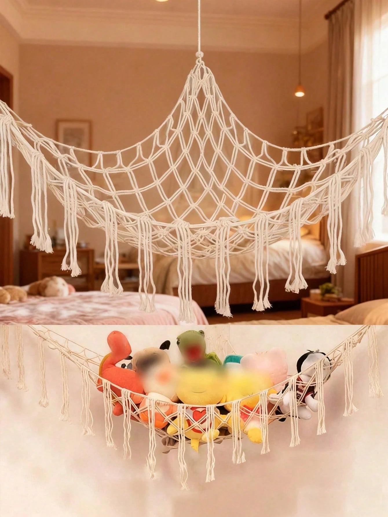 1PC Large Boho Stuffed Animal Storage Hammock, Corner Hanging Plush Toy Organizer Net, Decorative Mesh Toy Storage Holder with Tassel Design & Hanging Hooks, Space-Saving Bedroom Wall Decor for Kids, Nursery & Playroom