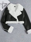 Women’s Contrast Faux Leather Sleeve Jacket – Casual Loose Fit Zipper Winter Coat with Pockets