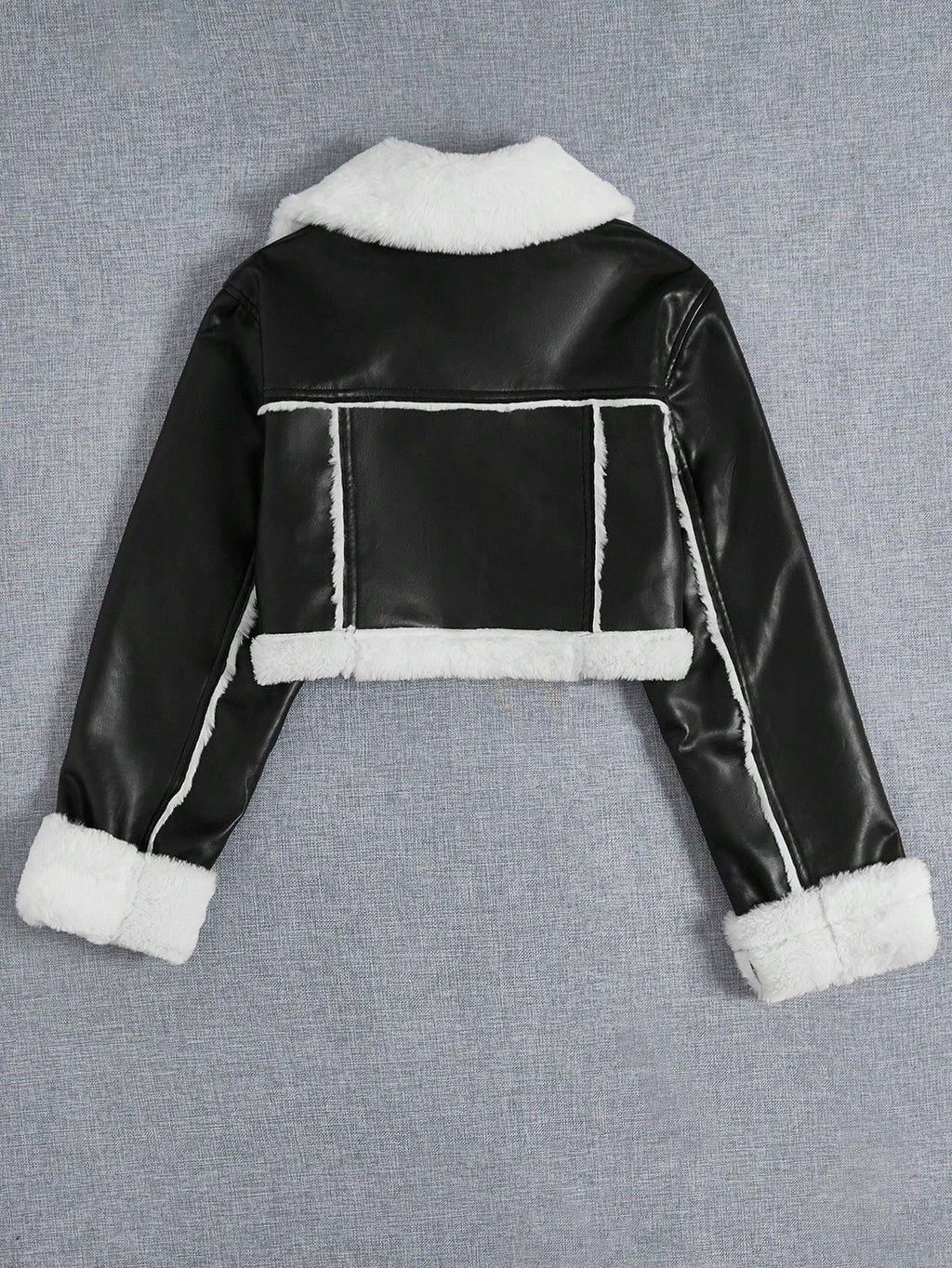 Women’s Contrast Faux Leather Sleeve Jacket – Casual Loose Fit Zipper Winter Coat with Pockets