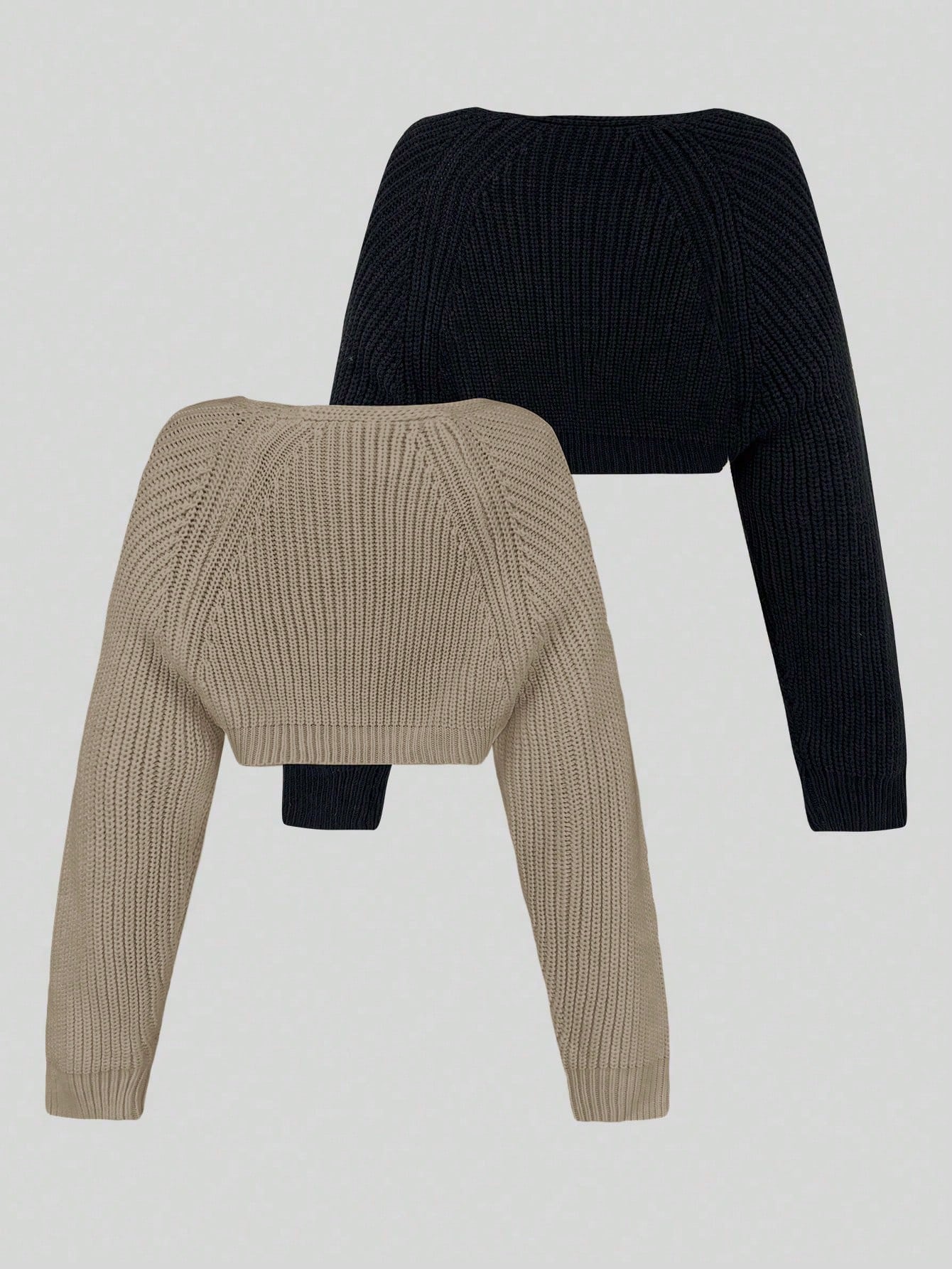 Women’s 2-Piece Cropped Cardigan Set – Solid Color Casual Knit Sweaters for Autumn & Winter