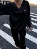 Women’s 2-Piece Bow Decor Sweatshirt & Sweatpants Set – V-Neck Oversized Casual Tracksuit (Autumn/Winter)