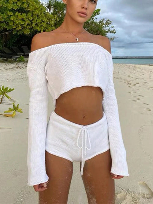 2-Piece Women’s Solid Color Minimalist Sweater Set – Tube Top & Shorts Casual Knit Outfit