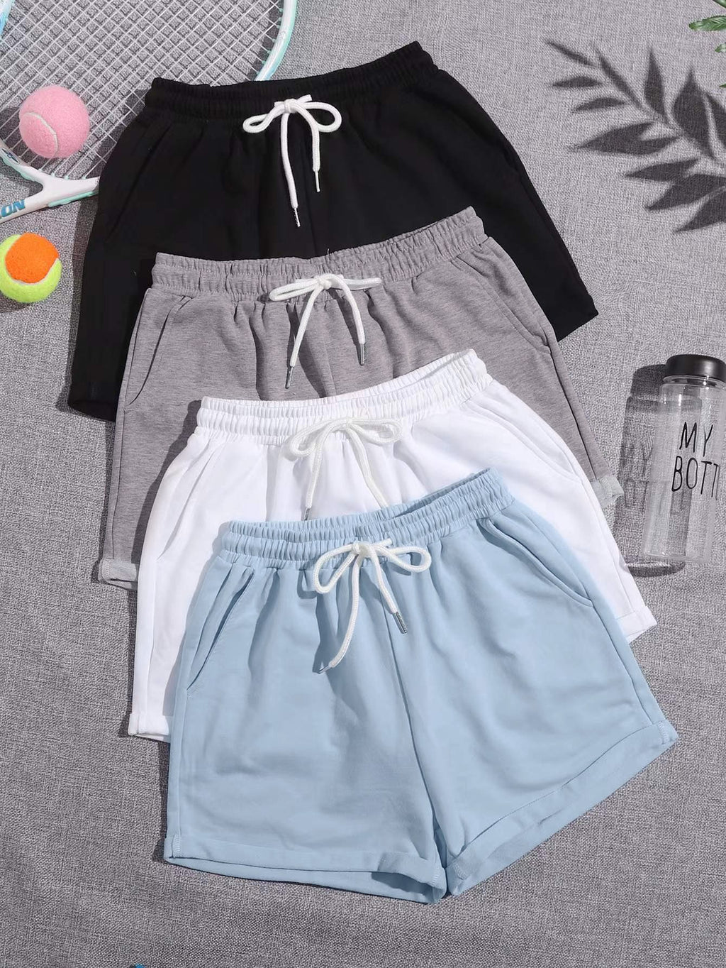 Women’s 4-Pack Drawstring Sports Shorts Set – Casual Versatile Athletic Lounge Shorts with Elastic Waist