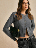 Women’s Short Wool Knit Cardigan – Round Neck Long Sleeve Single-Breasted Thick Sweater for Autumn/Winter