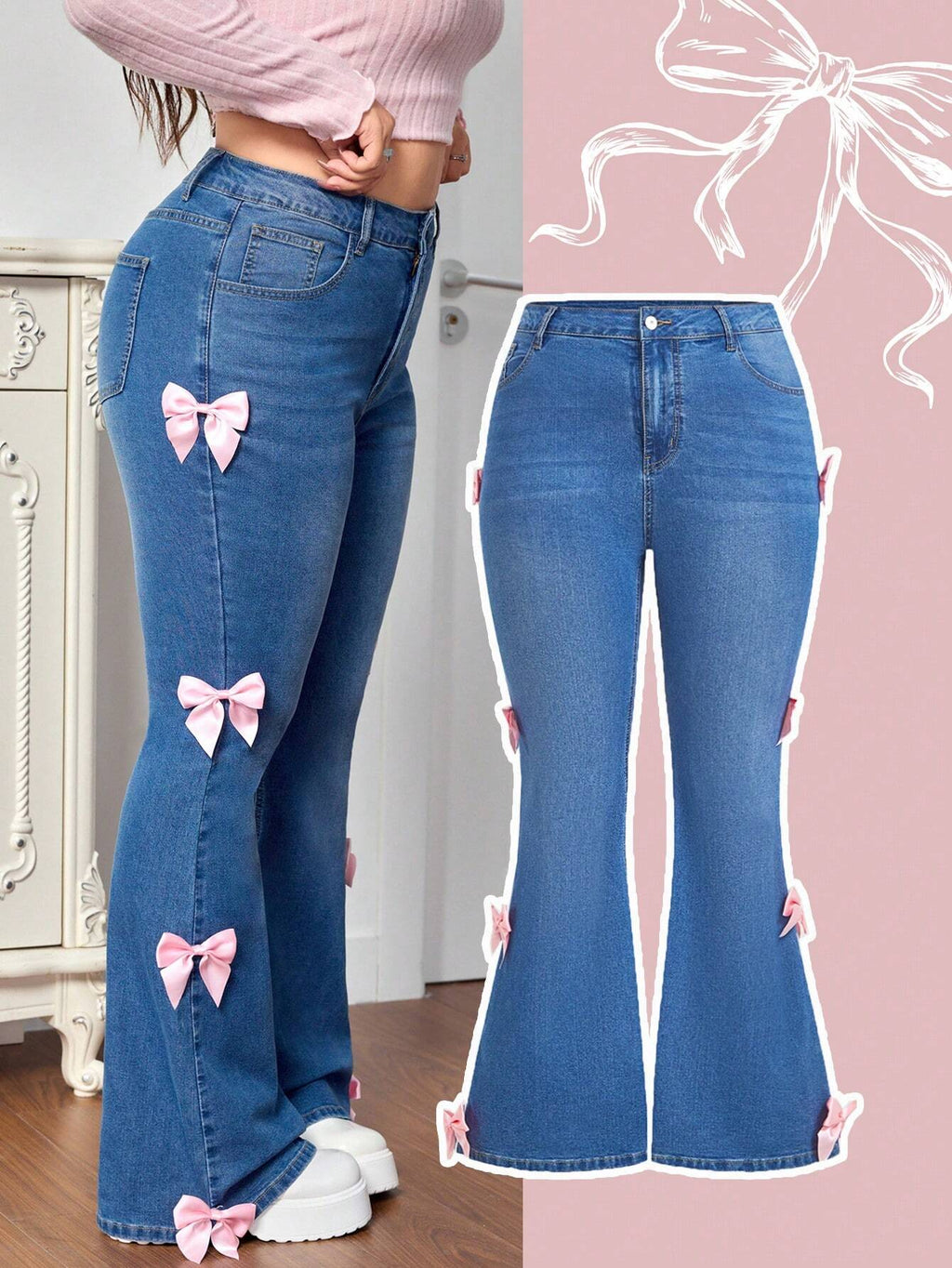 Plus Size Women’s Blue Stretch Flare Jeans – Pink Bow Detail High Waist Slimming Bell Bottom Denim