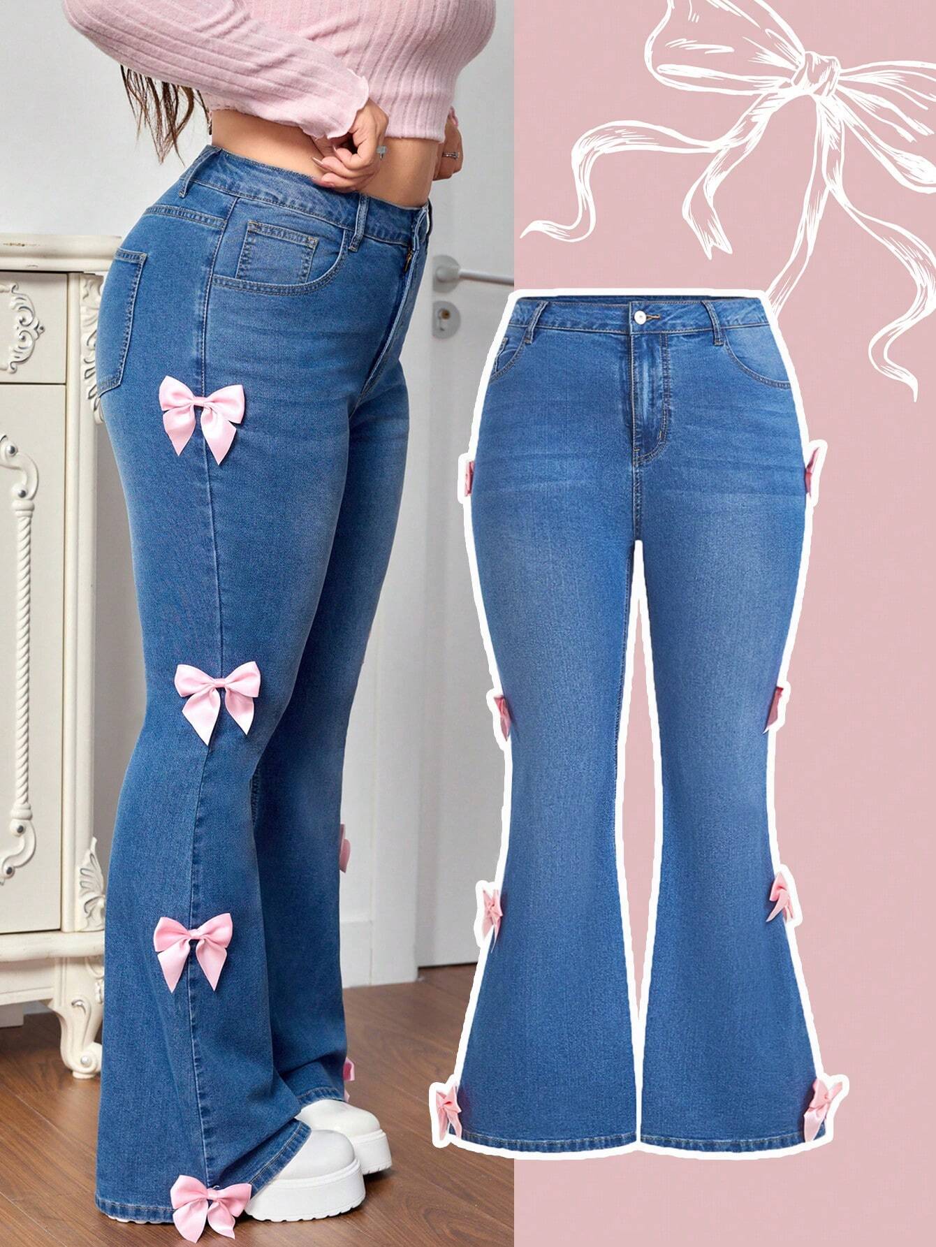 Plus Size Women’s Blue Stretch Flare Jeans – Pink Bow Detail High Waist Slimming Bell Bottom Denim