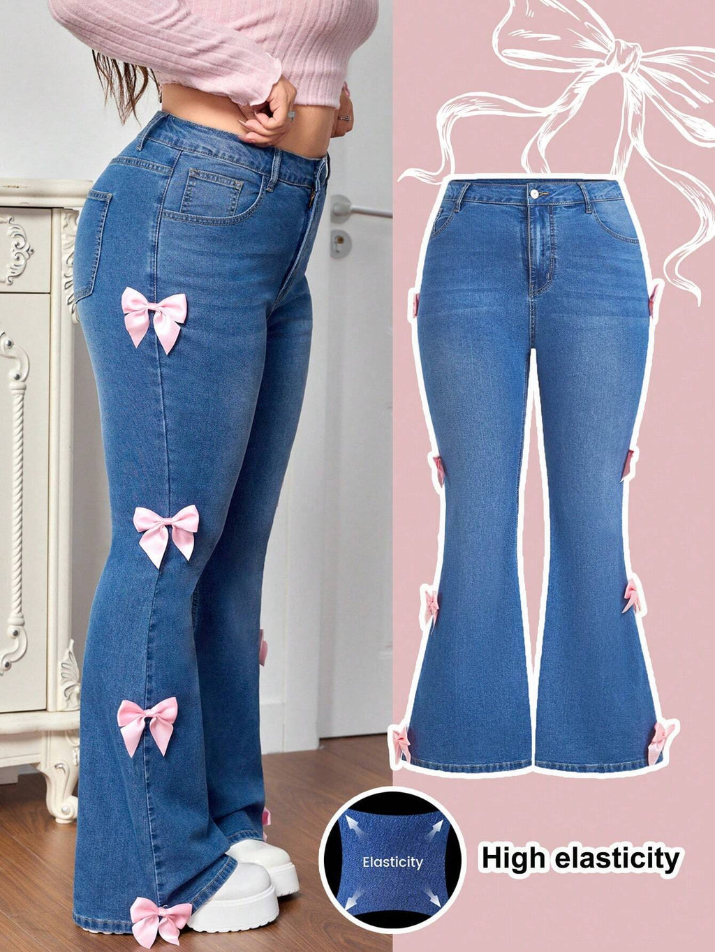 Plus Size Women’s Blue Stretch Flare Jeans – Pink Bow Detail High Waist Slimming Bell Bottom Denim