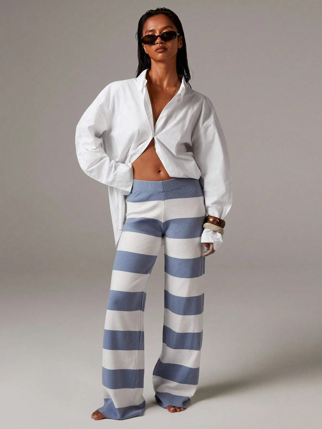 Women’s Colorblock Striped Wide Leg Knit Pants – Casual Loose Fit Comfortable Trousers