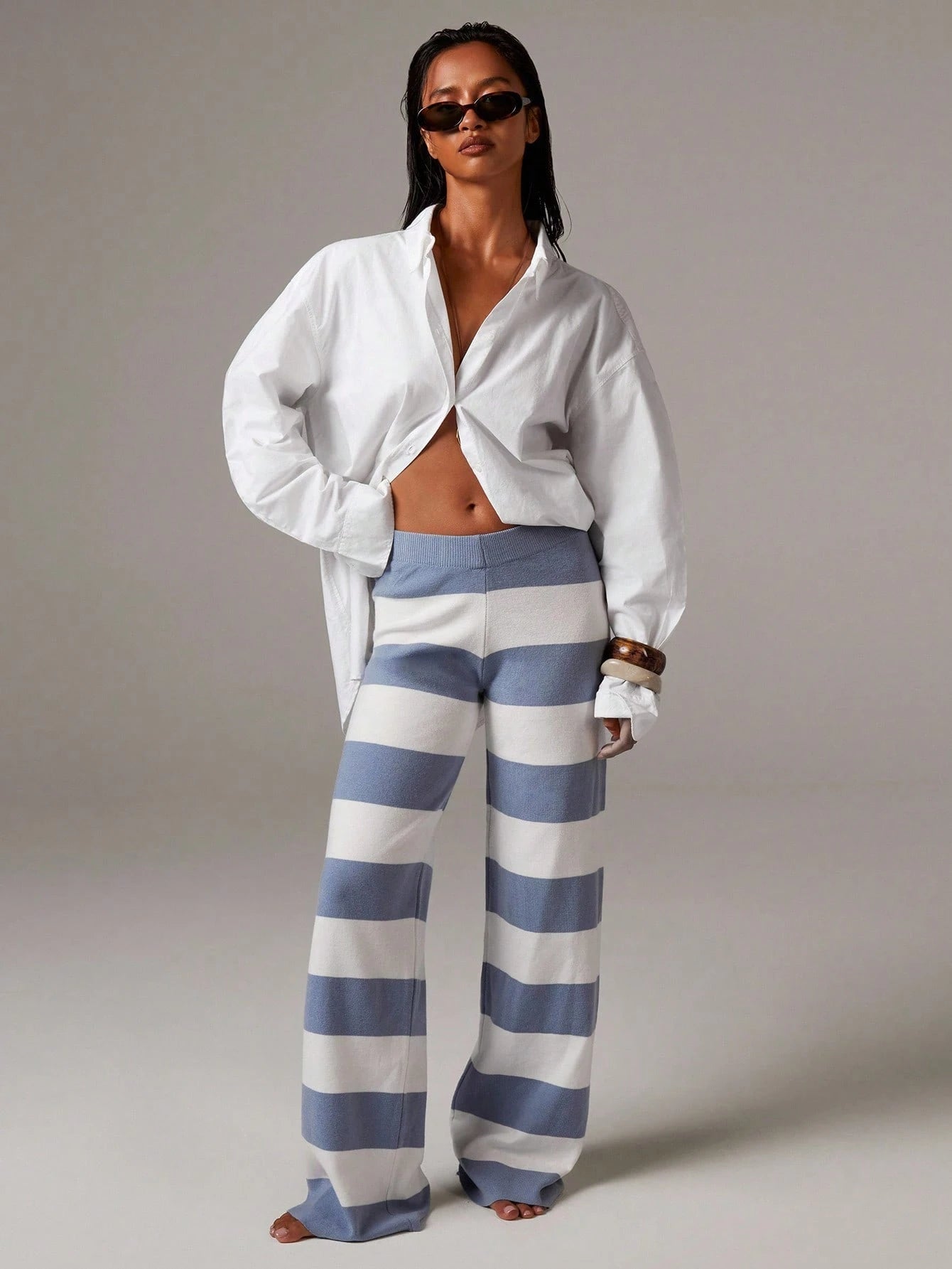 Women’s Colorblock Striped Wide Leg Knit Pants – Casual Loose Fit Comfortable Trousers