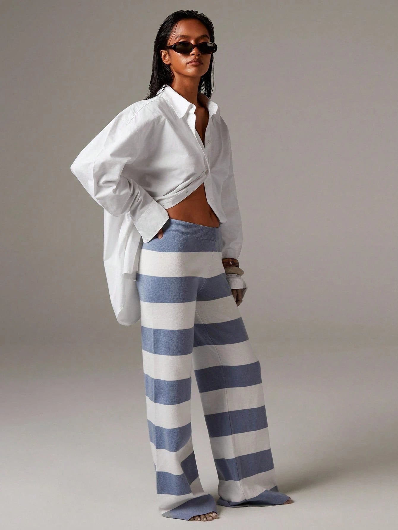 Women’s Colorblock Striped Wide Leg Knit Pants – Casual Loose Fit Comfortable Trousers