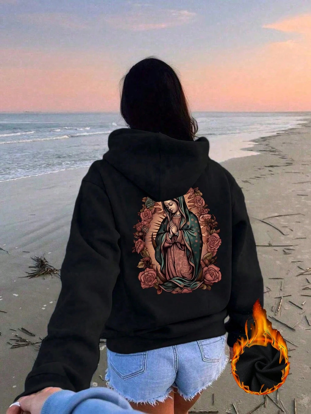 Women’s Virgin Mary Print Hoodie – Casual Fleece Drawstring Loose Fit Sweatshirt with Pocket