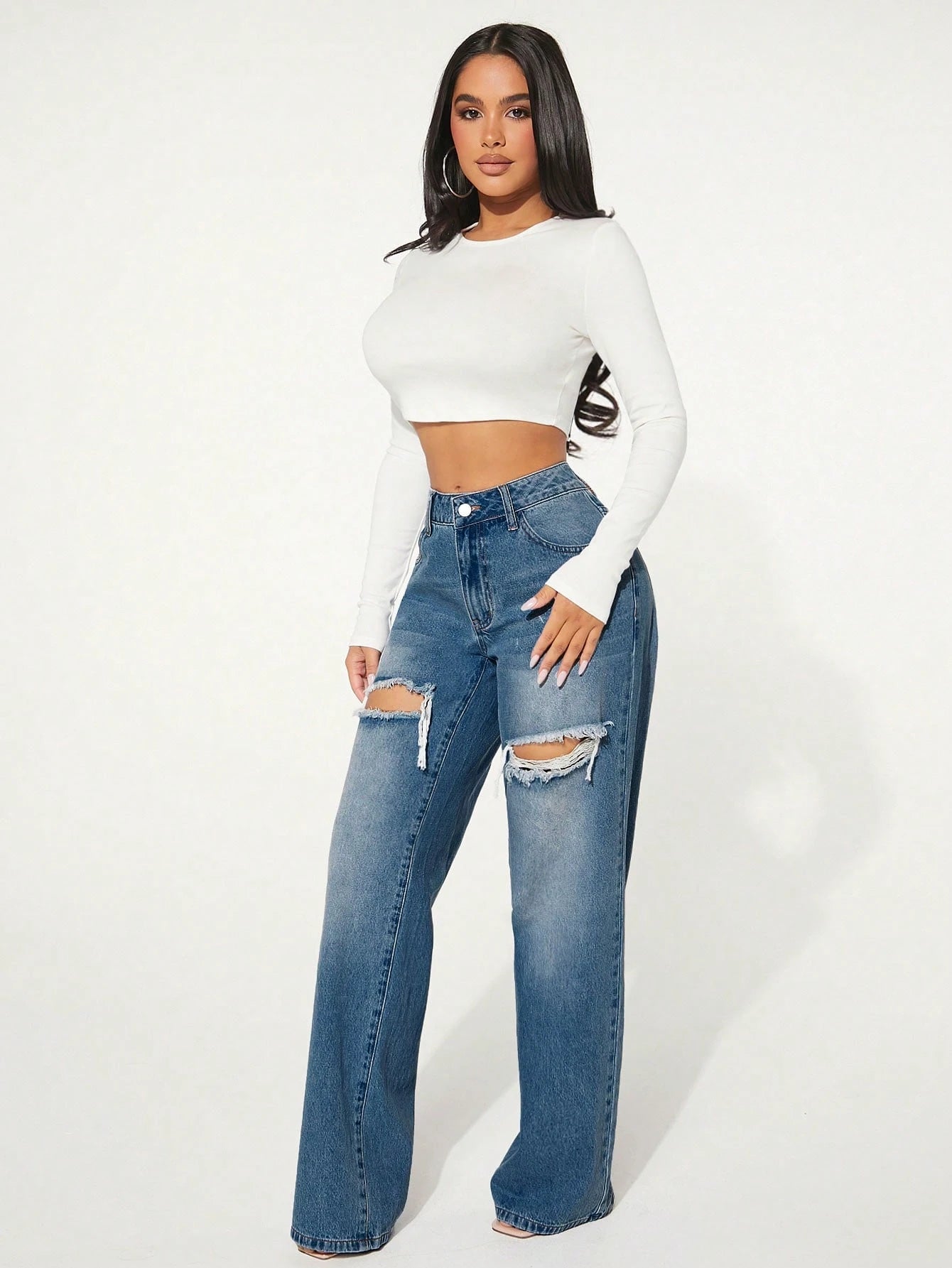 Women’s Washed Distressed Straight Leg Jeans – Casual High Waist Ripped Denim Pants