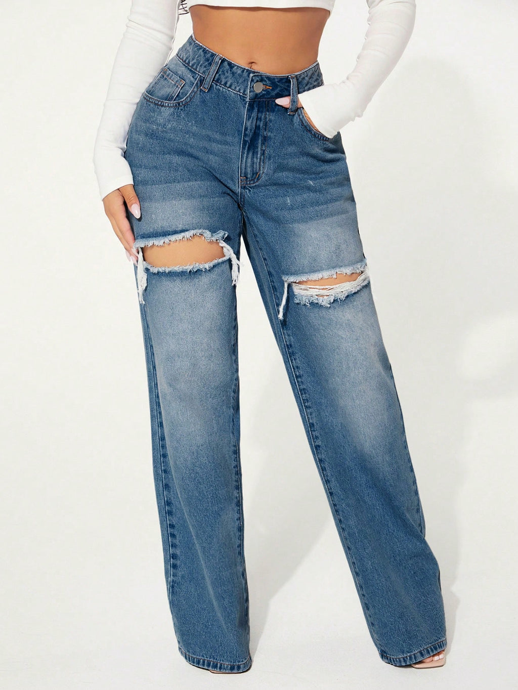 Women’s Washed Distressed Straight Leg Jeans – Casual High Waist Ripped Denim Pants