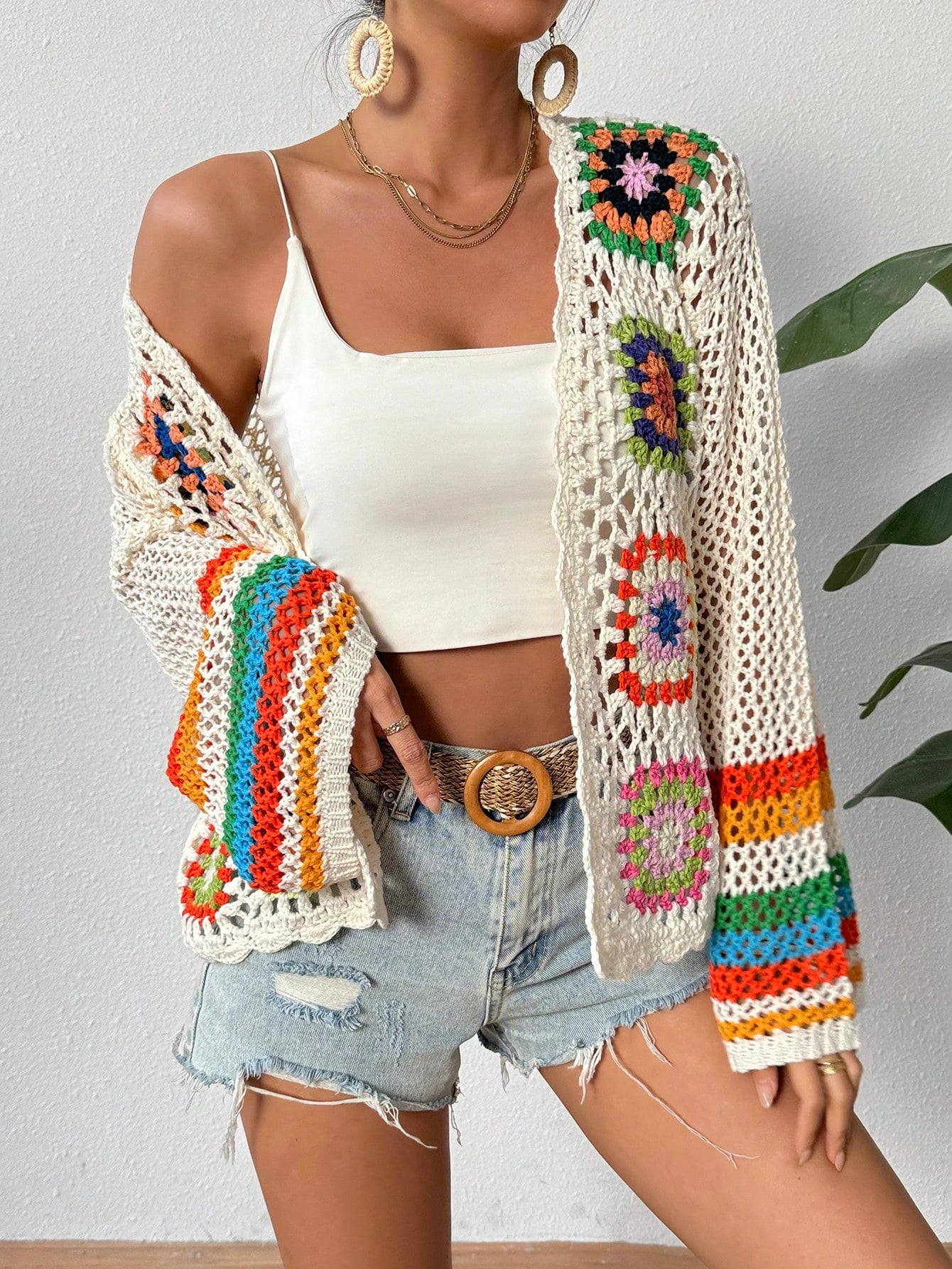 Women’s Colorful Hollow Knit Cardigan – Loose Fit Long Sleeve Lightweight Sun Protection Sweater (Spring/Summer 2024)