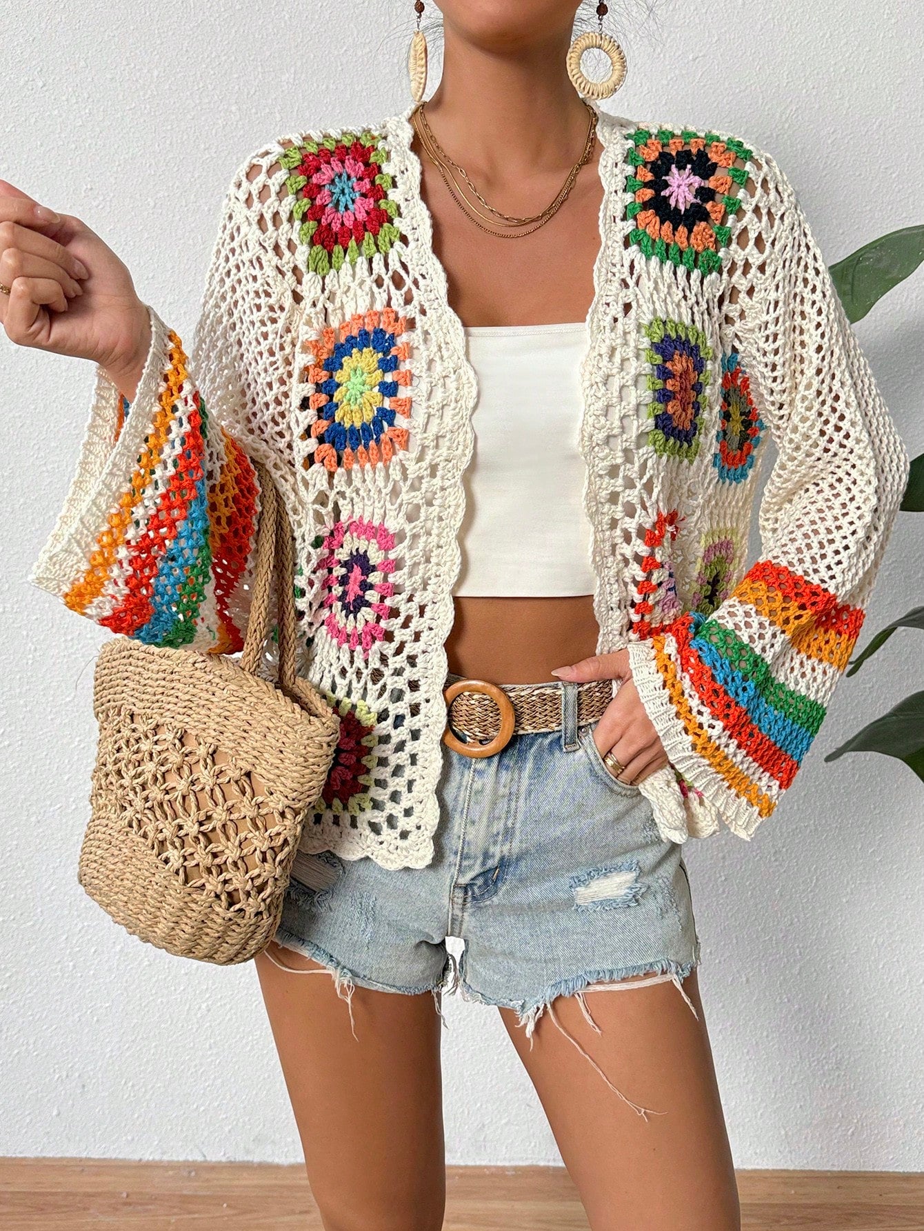 Women’s Colorful Hollow Knit Cardigan – Loose Fit Long Sleeve Lightweight Sun Protection Sweater (Spring/Summer 2024)