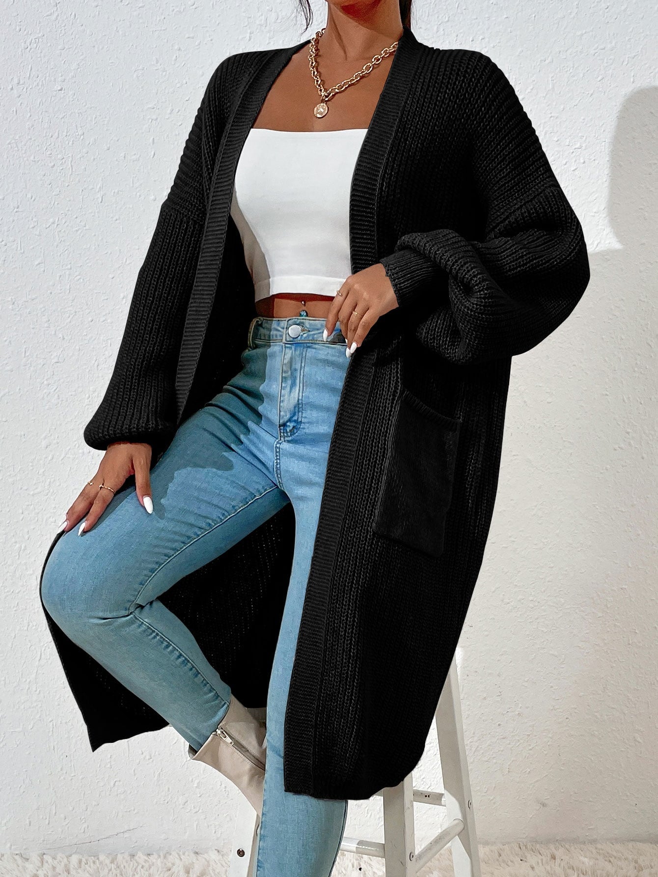 Women’s Drop Shoulder Cardigan – Long Sleeve Dual Pocket Casual Knit Top