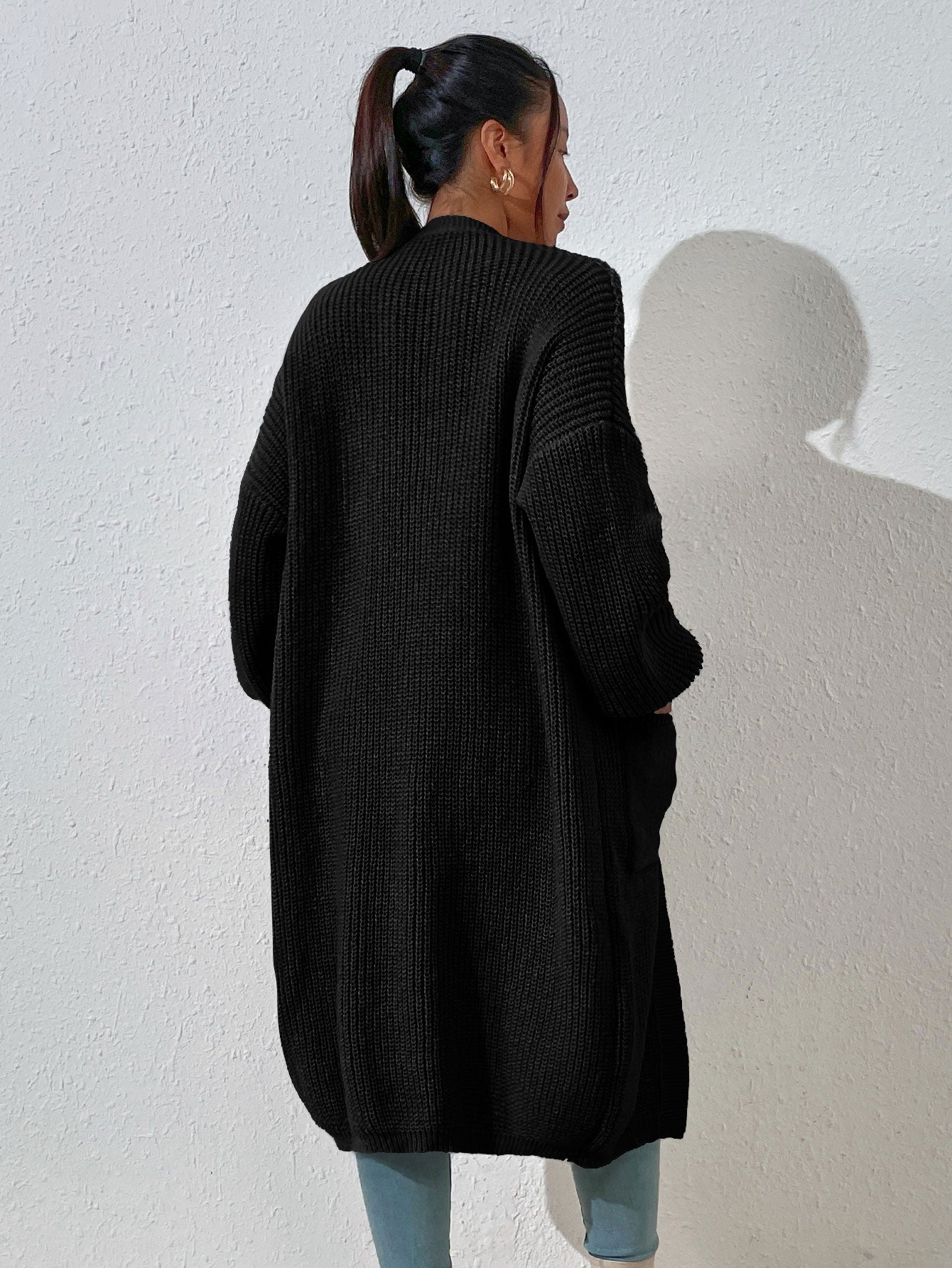 Women’s Drop Shoulder Cardigan – Long Sleeve Dual Pocket Casual Knit Top