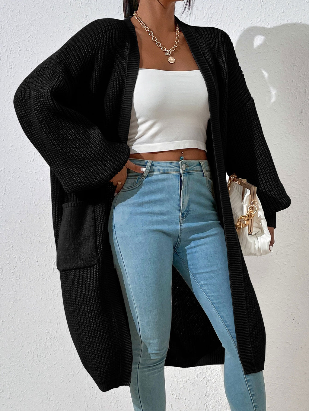 Women’s Drop Shoulder Cardigan – Long Sleeve Dual Pocket Casual Knit Top