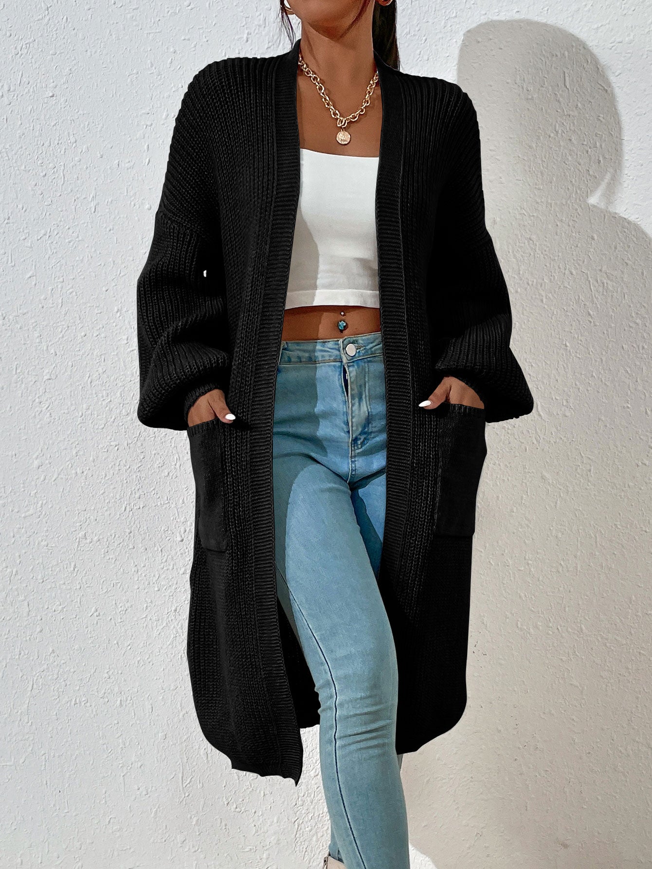 Women’s Drop Shoulder Cardigan – Long Sleeve Dual Pocket Casual Knit Top