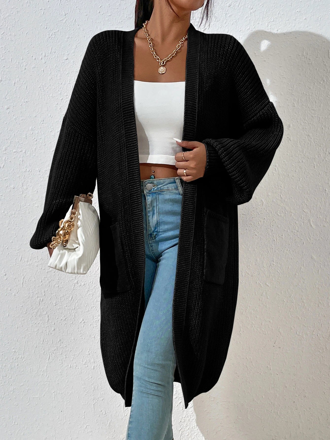 Women’s Drop Shoulder Cardigan – Long Sleeve Dual Pocket Casual Knit Top