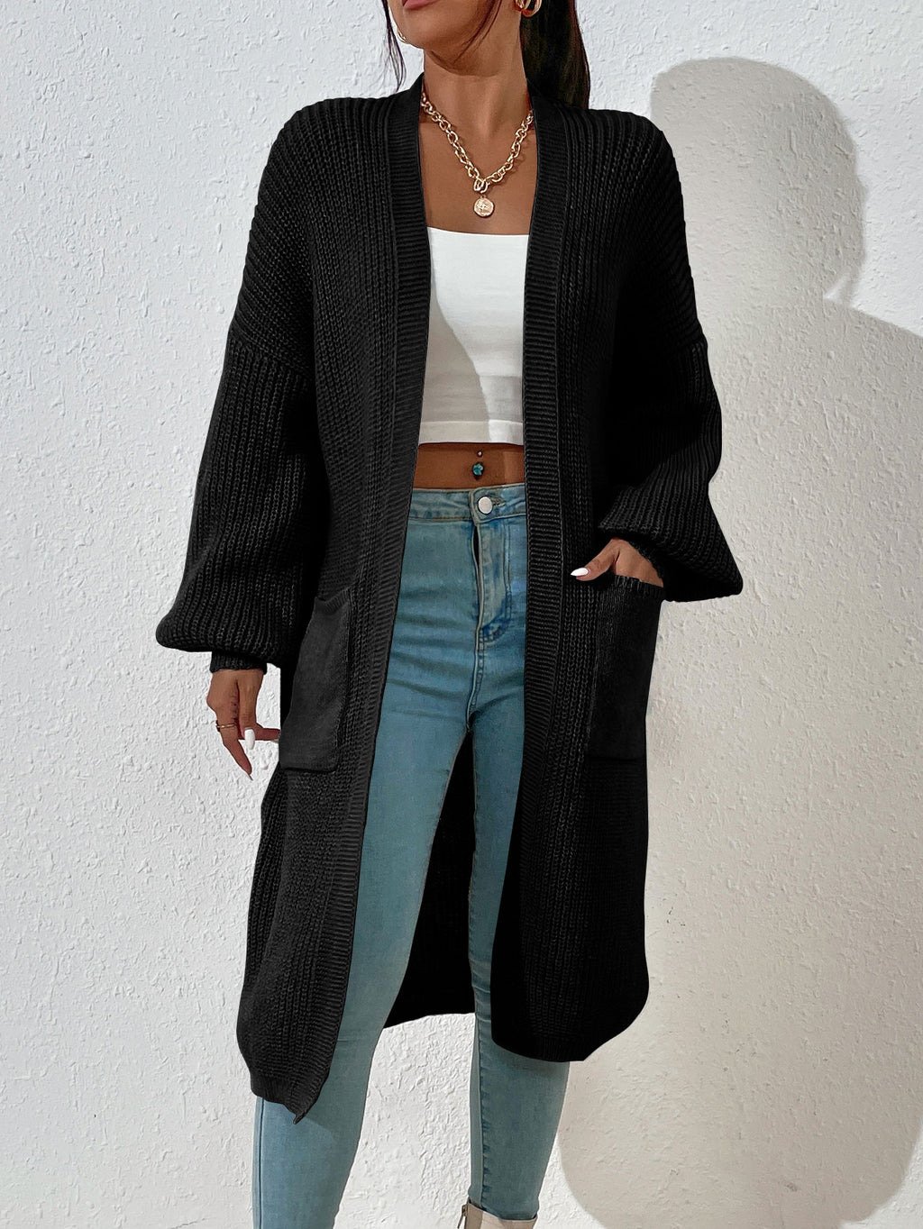 Women’s Drop Shoulder Cardigan – Long Sleeve Dual Pocket Casual Knit Top