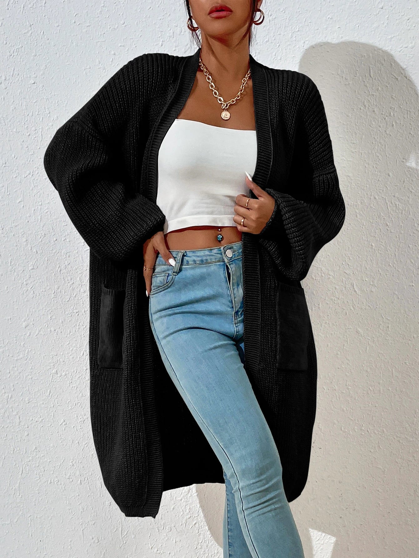 Women’s Drop Shoulder Cardigan – Long Sleeve Dual Pocket Casual Knit Top