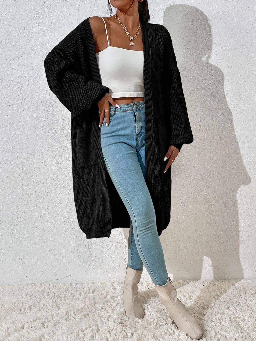 Women’s Drop Shoulder Cardigan – Long Sleeve Dual Pocket Casual Knit Top