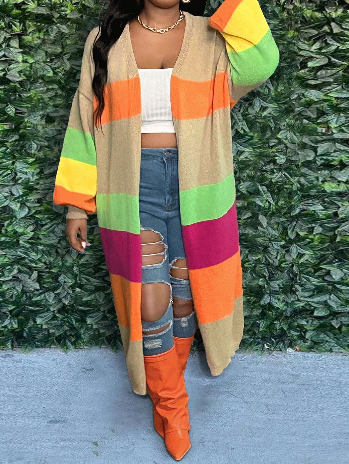 Elegant Plus Size Colorblock Crochet Knit Cardigan – Loose Fit Long Sleeve Mid-Length Autumn/Winter Sweater