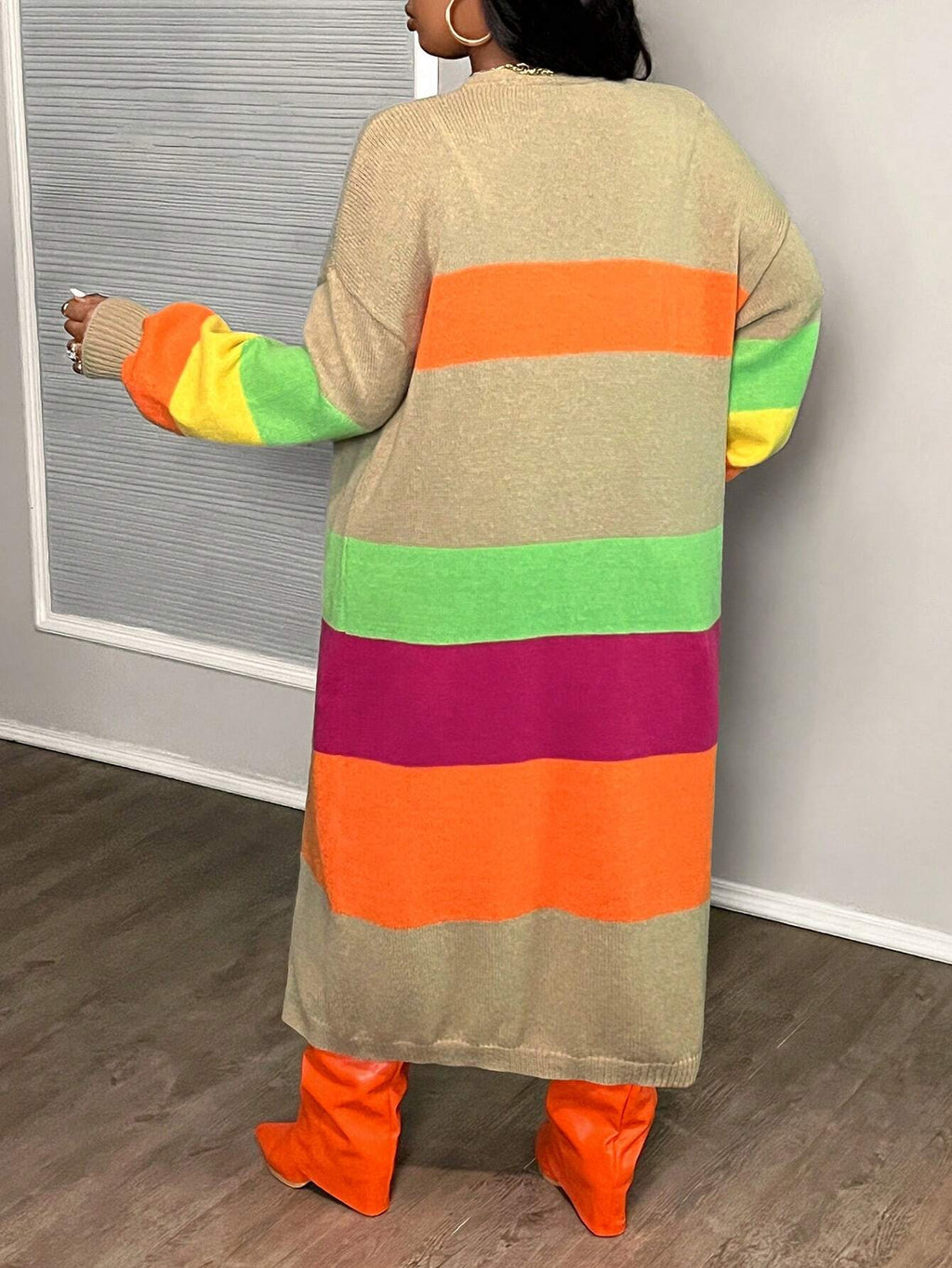 Elegant Plus Size Colorblock Crochet Knit Cardigan – Loose Fit Long Sleeve Mid-Length Autumn/Winter Sweater
