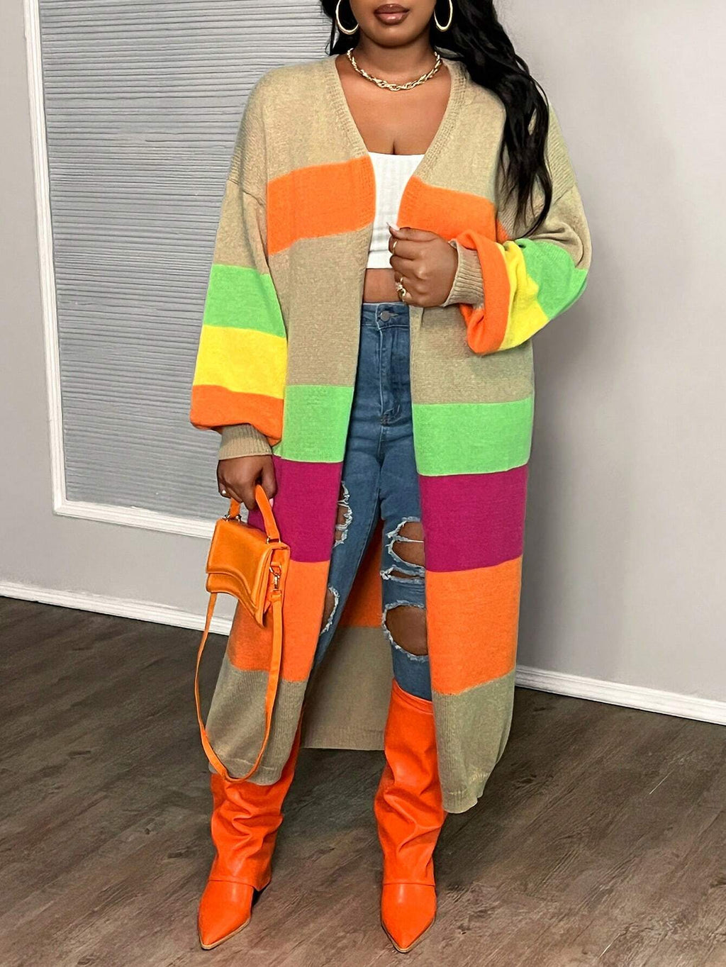 Elegant Plus Size Colorblock Crochet Knit Cardigan – Loose Fit Long Sleeve Mid-Length Autumn/Winter Sweater