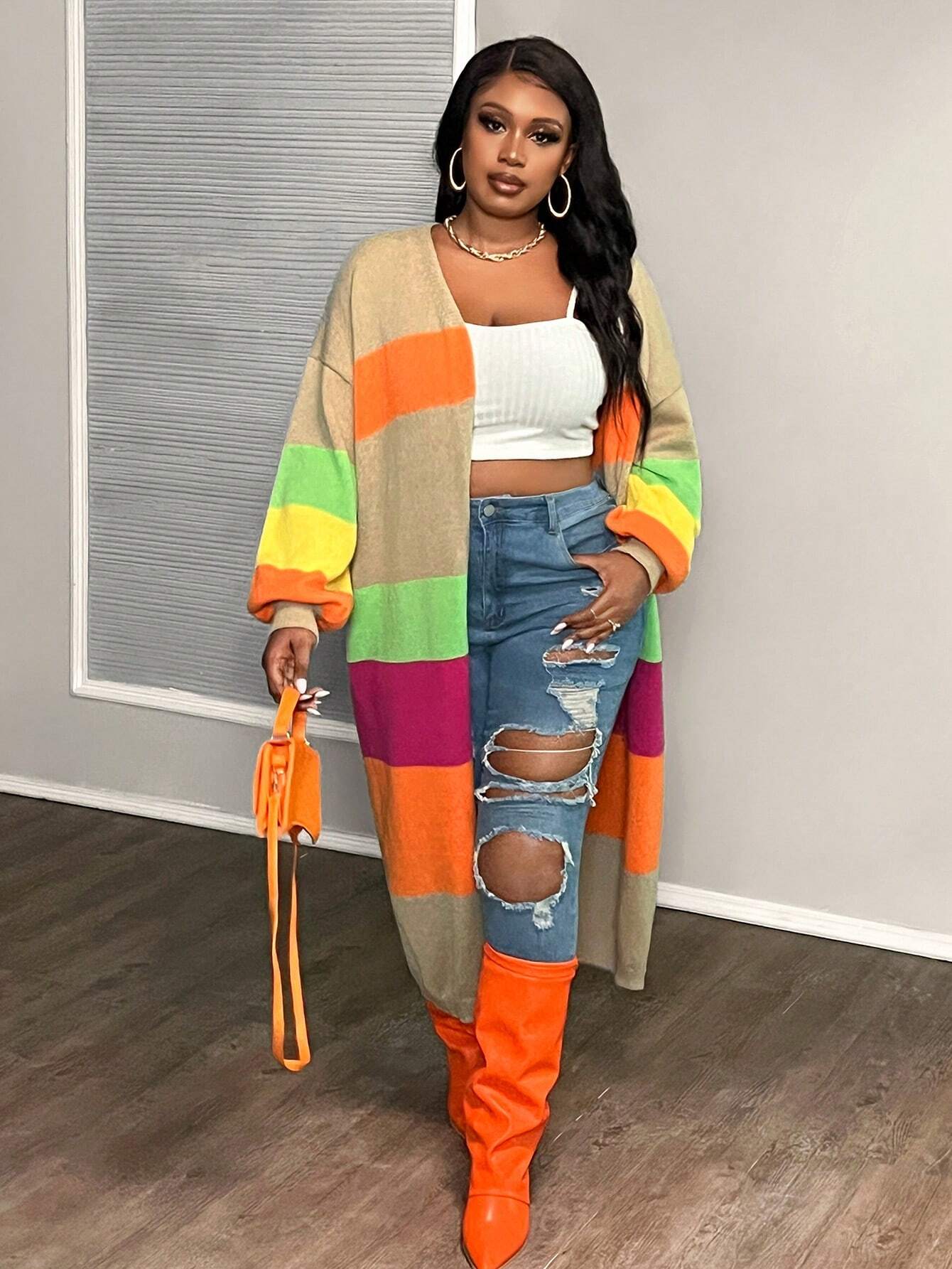 Elegant Plus Size Colorblock Crochet Knit Cardigan – Loose Fit Long Sleeve Mid-Length Autumn/Winter Sweater